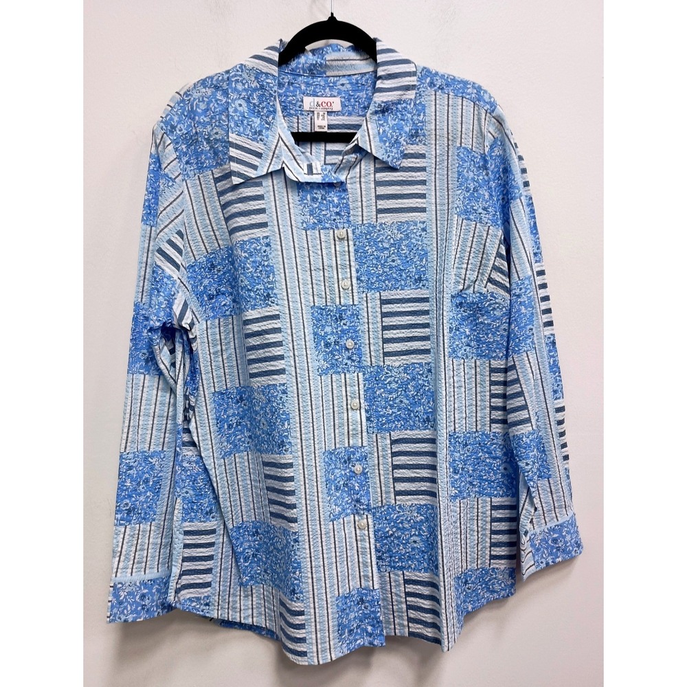 Denim & Co Button Down Shirt Womens 1X Blue Patchwork Floral Seersucker Top